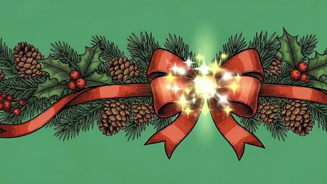 Christmas Garland With Red Ribbon And Pine Cones On Green Background