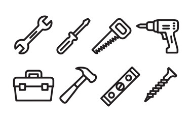 Naklejka premium Minimal line art icons featuring essential building tools for construction and renovation projects