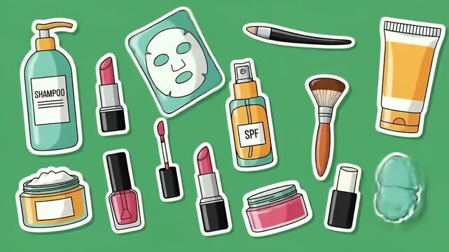 Cosmetics Makeup Beauty Products Cartoon Elements on Green Background