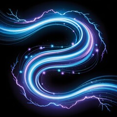 Obraz premium Abstract glowing blue and purple light trails forming curved S shape with electric lightning and sparkling particles on black 