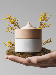Hand holding a natural skincare cream in eco-friendly container with flowers  