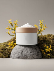 Moisturizing cream jar placed on stone with yellow flowers and moss  