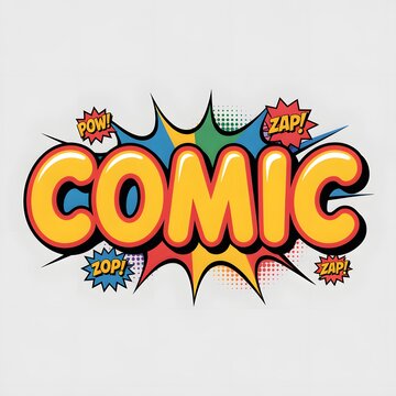 Vibrant comic book style illustration featuring COMIC text with pow zap zop sound effect bubbles on light grey background
