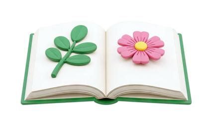 Open book with flower and leaf illustrations, 3D render