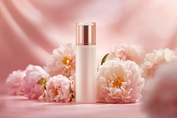 Skincare bottle surrounded by peonies on soft pink background  