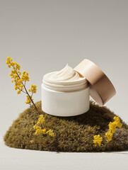 Cream jar on moss with yellow flowers in minimalist arrangement  