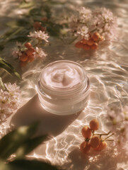 Moisturizing cream jar surrounded by flowers and rippling water  