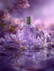 Perfume bottle surrounded by purple floral arrangement with reflection  