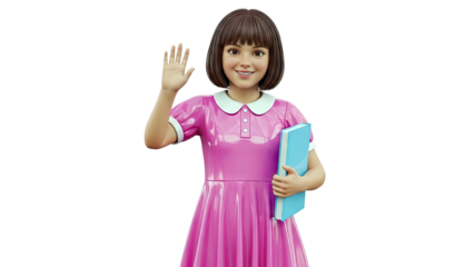 3D Rendered Girl Waving and Holding a Book