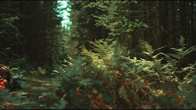 A serene forest scene with dense foliage and trees in a natural setting, captured in a cinematic style with a shallow depth of field, conveying a sense of calmness and tranquility, with