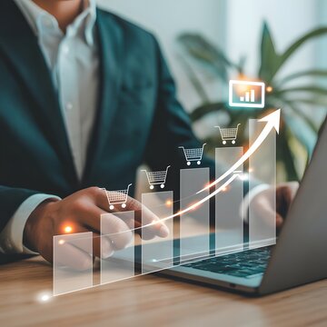 Successful businessman working on laptop with rising bar chart and shopping carts illustrating ecommerce sales growth and financial results.
