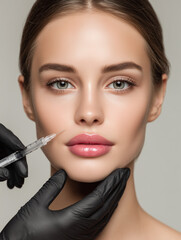 Woman receiving lip injection in beauty clinic with calm expression  