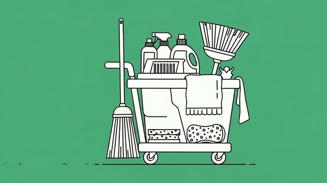 Cleaning Cart With Supplies Animation Simple Green Background