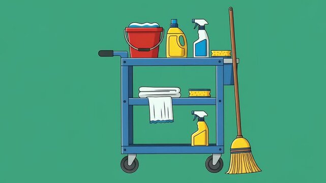 Cleaning Cart With Supplies Broom Mop Bottles On Green Background Motion Graphic