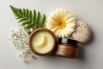 Natural skincare products with flowers and stones on soft background  