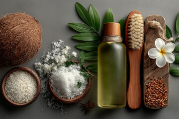 Natural spa ingredients including coconut oil, salt, and leaves  