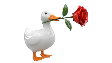 White Duck Holding Red Rose