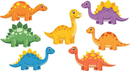 Cute cartoon dinosaur characters vector set with colorful smiling prehistoric animals in playful poses for kids design © Kharshad Creative