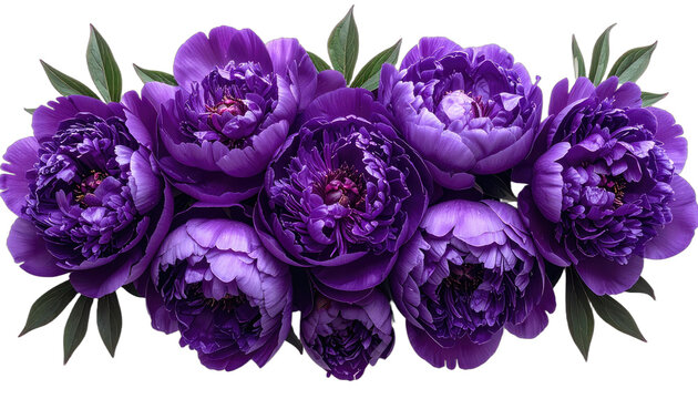 A stunning horizontal arrangement of deep purple peonies against a stark black background.