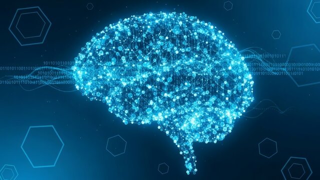 Glowing blue brain with digital connections and binary code
