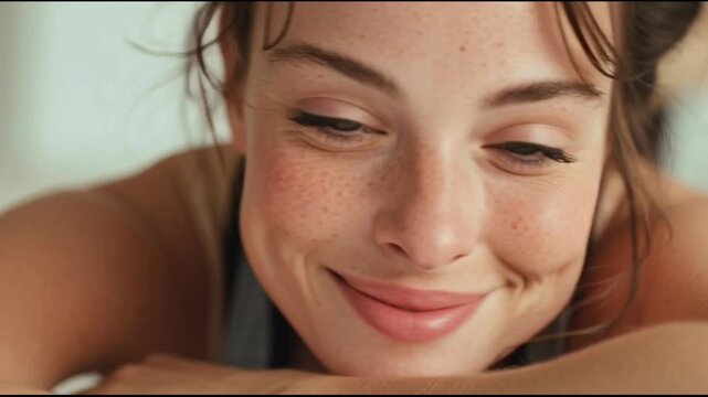Close-up portrait of a young woman with a warm smile lying down in a prone position with soft focus and a gentle mood.