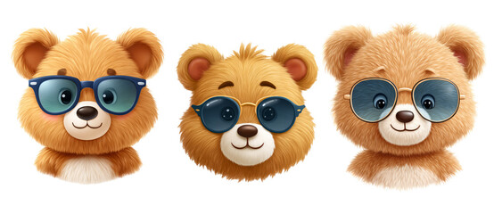 Fototapeta premium Cute cartoon bear characters wearing stylish sunglasses, showcasing different expressions and fluffy textures, perfect for children's illustrations. isolated image, transparent background