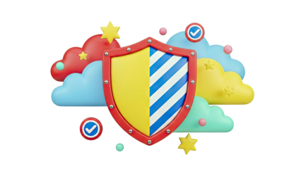 3D Shield with Clouds, Stars, and Checkmarks