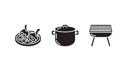 Vector Illustration Of Grilled Food On Plate, Cooking Pot And Bbq Grill For Outdoor Cooking And Dining Concept