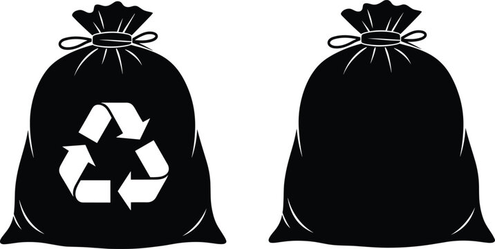 Black Silhouette Set of Plastic Garbage Bags with Recycling Symbol for Waste Management, Environmental Protection, and Trash Disposal Graphic Elements