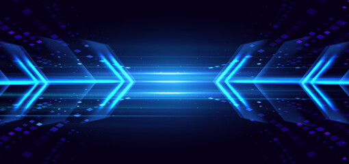 Technology futuristic glowing blue arrow beams horizontal and square element decor on dark blue background.