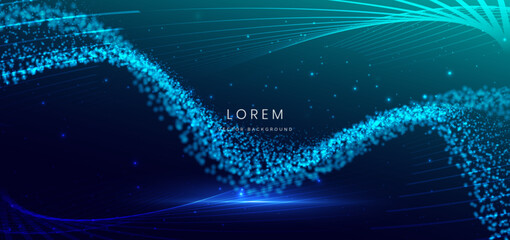 Dotted glowing wave futuristic tech on dark blue background.