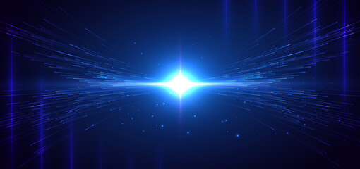 Hi speed blue light lines with lighting effect and sparkle on dark blue background.