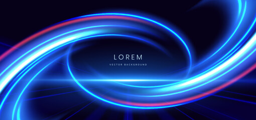 Abstract elegant glowing blue curve ray lighting effect on black background.