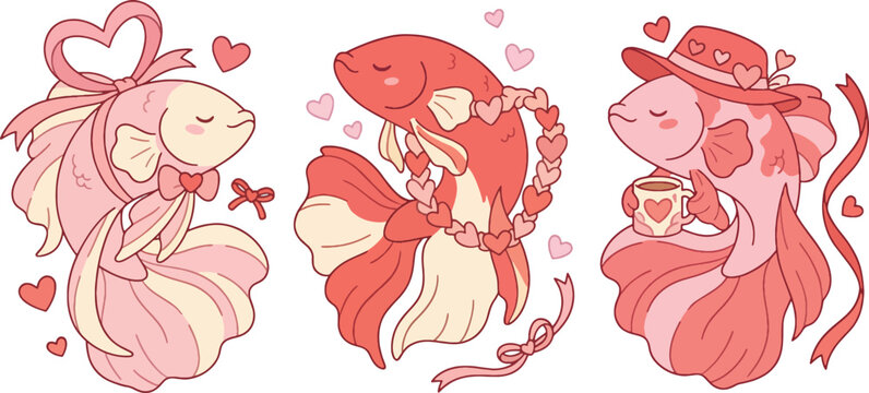 Cute Kawaii Valentine Fish Vector Illustration in Soft Pink Tones with Hearts, Ribbons, Wreath and Coffee Mug