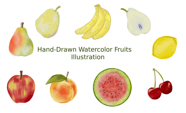 Set Of Hand-Drawn Watercolor Painting Fruits Illustration In Vector Isolated On White Background