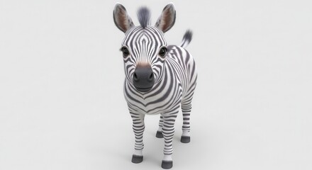 Fototapeta premium Small, adorable young equine mammal with distinct black and white striping stands facing forward against a plain background.