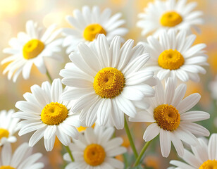 Fototapeta premium A realistic close-up shot of fresh chamomile flowers featuring vibrant white petals and bright yellow centers. This beautiful floral pattern creates a calming and natural background. Ideal for beauty 