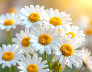 Fototapeta premium A realistic close-up shot of fresh chamomile flowers featuring vibrant white petals and bright yellow centers. This beautiful floral pattern creates a calming and natural background. Ideal for beauty 