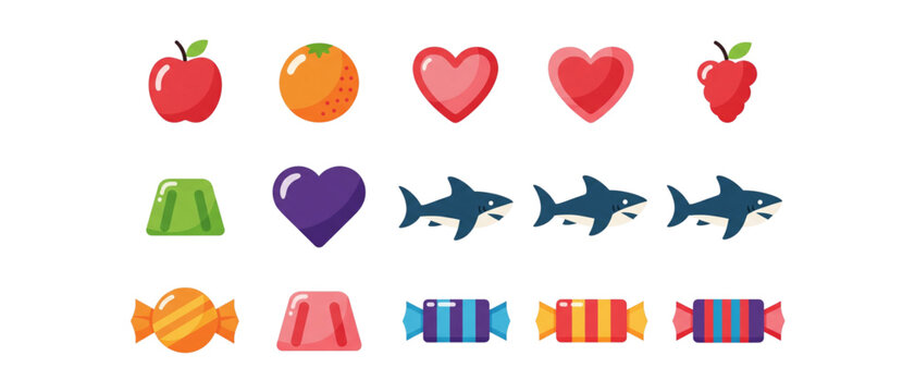 Colorful chewy candy vector set with fruit heart shark and striped gummy sweets isolated on white background