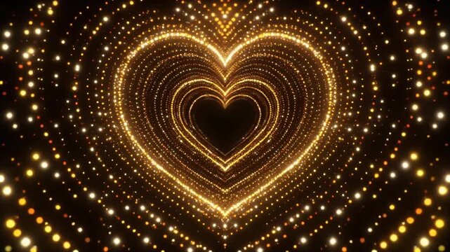 Concentric glowing golden heart shapes radiating outward from center on dark background, forming tunnel of light.