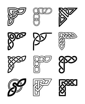 Collection of black celtic knot corner ornaments a white background border