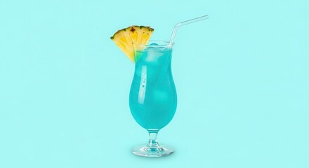 Bright blue tropical beverage with pineapple garnish presented against a solid cyan background