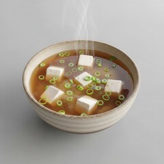 Steaming bowl of savory soup with cubes of white food and sliced green garnish sits on a plain surface