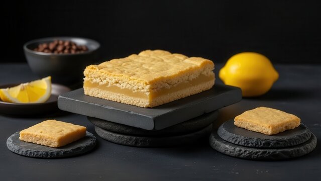 Artisan lemon shortbread bars with creamy filling, elegantly presented on dark slate coasters with whole lemons and chocolate chips in the background