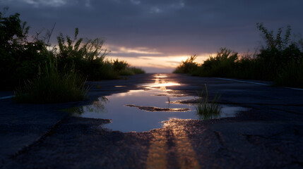 Road Reflection at Dusk: Capture the beauty of a reflective puddle on an abandoned road. The remaining of the day's sunlight paints the scene with its warm hues.
