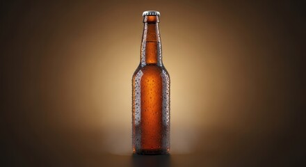 Chilled brown glass container sealed with a metal cap stands against a gradient background