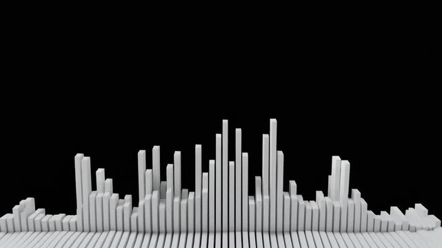 3D white vertical bars forming skyline-like histogram on black background, symbolizing data frequency and distribution.