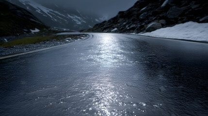 Icy Road in Mountainous Terrain: An image that showcases the reflective surface of an icy road that snakes through the towering mountains, creating an atmosphere of wintery coldness and isolation.