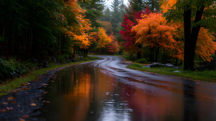 Autumn Road: A scenic country road winds through a vibrant forest of autumn trees, reflecting the colorful foliage on its wet surface. 
