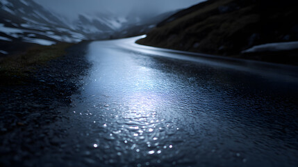 Winding Road Reflections: A scenic capture reveals a sleek, wet road curving through a mountain landscape, reflecting a soft glow.